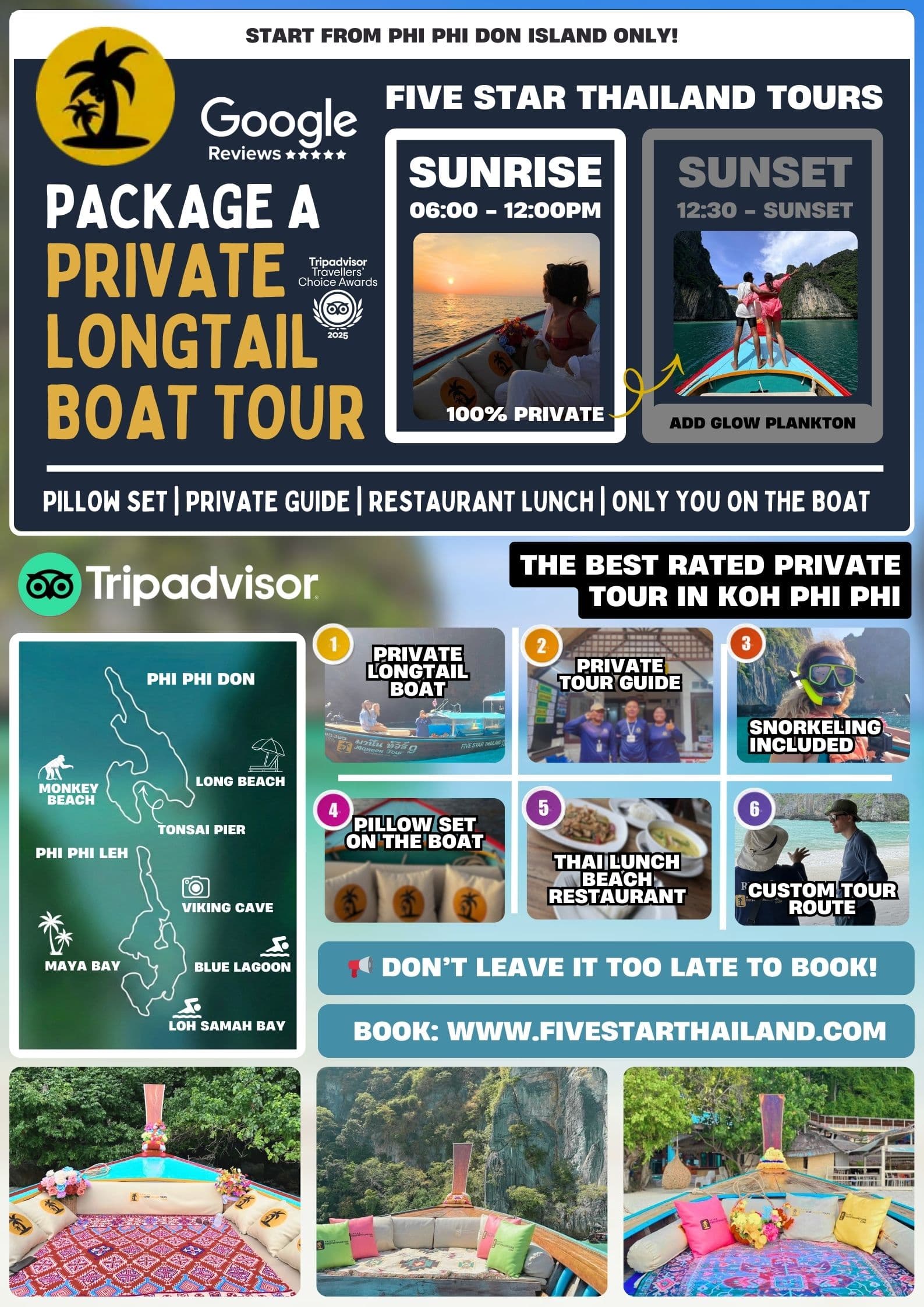 Sunrise - 12:00 PM Private Longtail Boat From Phi Phi | 6 Hours with Brunch, Private Guide & Pillow Set showcase