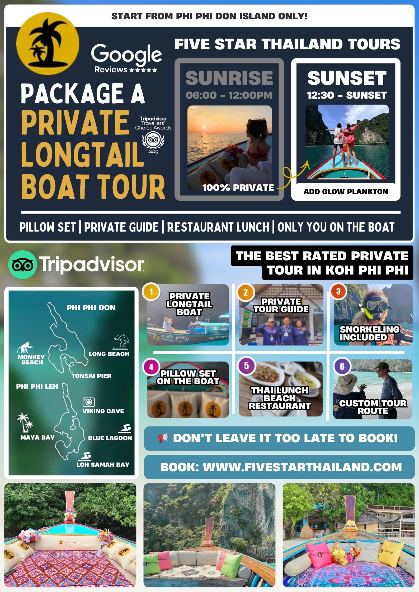 12:30 PM - Sunset Private Longtail Boat From Phi Phi | 6 Hours with Lunch, Private Guide & Pillow Set showcase