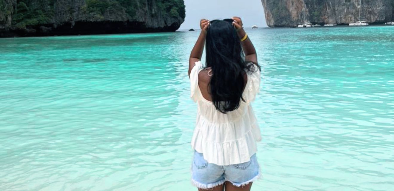 female tourist maya bay beach solo