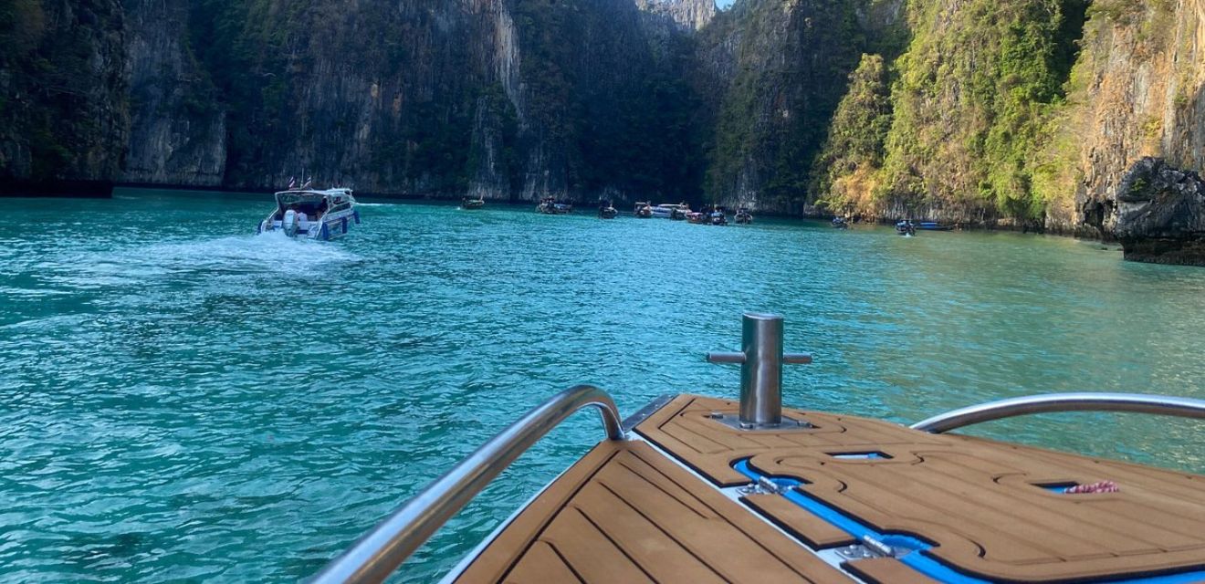 front of phi phi island speedboat in pilleh lagoon phi phi leh