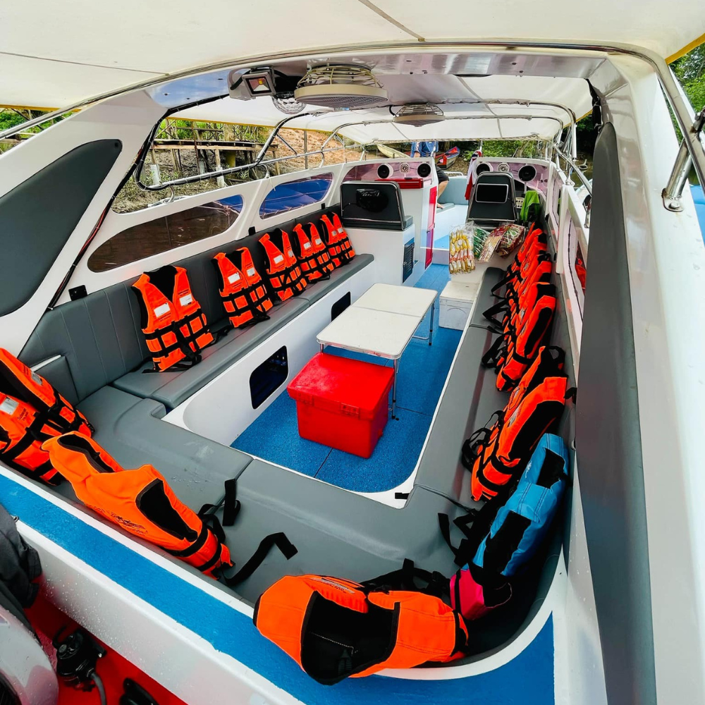 thailand speedboat tour boat with lifejackets inside boat modern speedboat